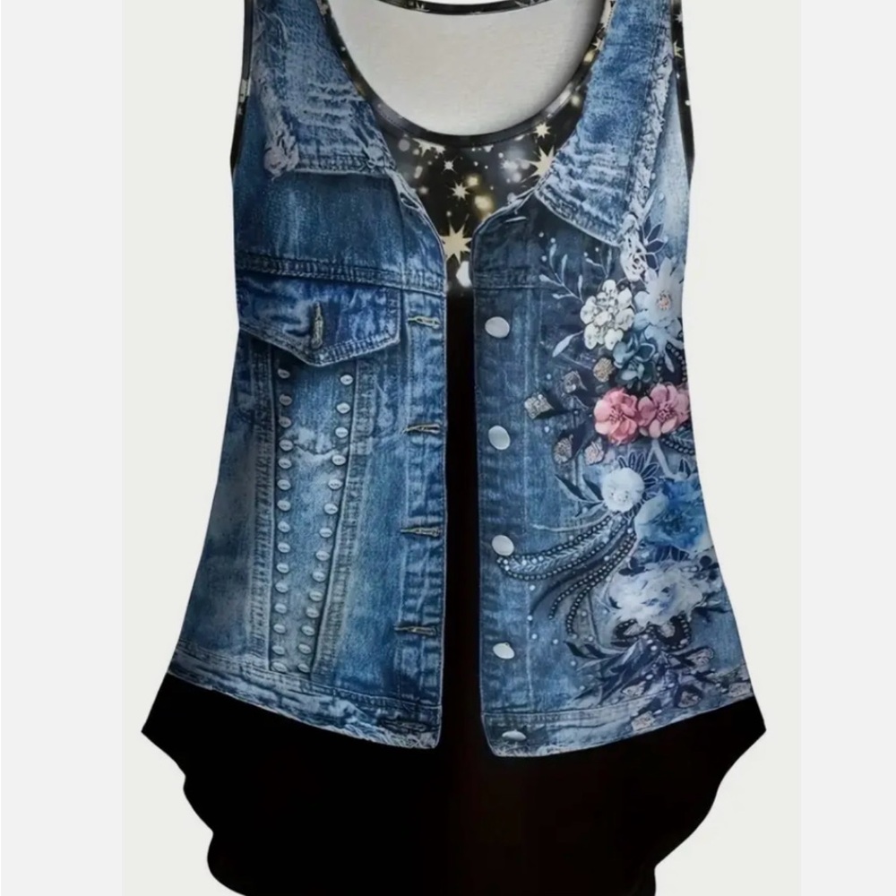 Unbranded Faux Denim Vest Print Sleeveless Top Women’s 1X